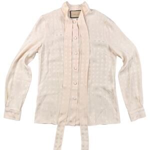 Gucci light beige/Ecru GG silk jacquard blouse with a self-tie neck bow Sz 36